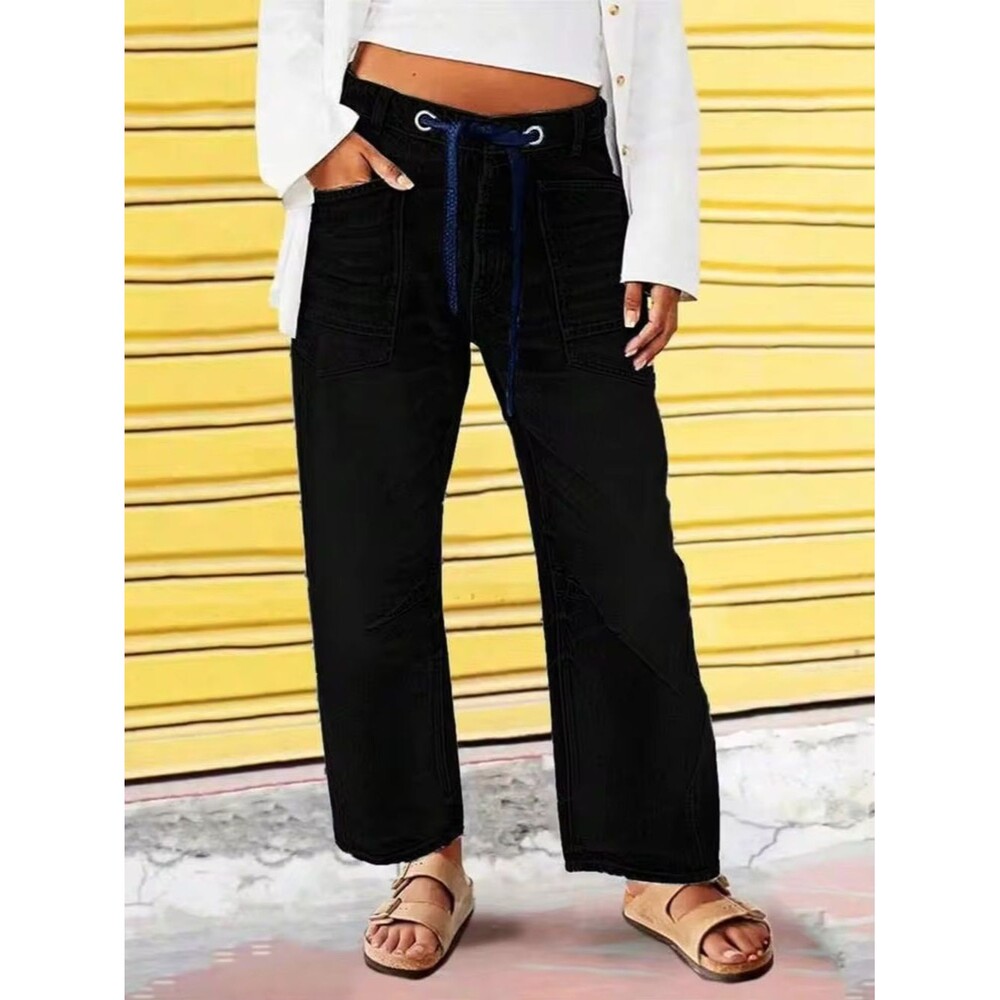 SHEIN Pocket Drawstring Casual Straight Leg Black Denim Jeans Size Large